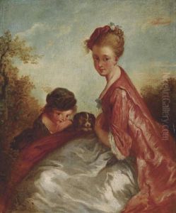 A Mother And Child With A Dog, In A Landscape by Jean-Antoine Watteau