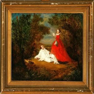 Forest Scene With An Elegant Lady In A Red Dress Singingfor Pierrot by Jean-Antoine Watteau