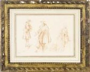 Two Men Standing And An Elegant Lady Seated; And A Companiondrawing By Another Hand by Jean-Antoine Watteau