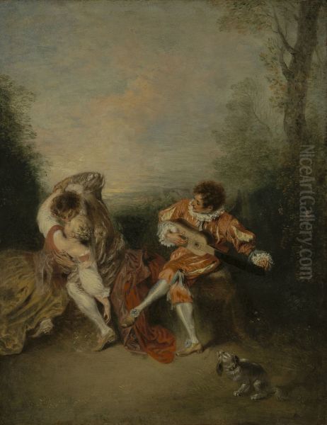 La Surprise: A Couple Embracing While A Figure Dressed As Mezzetin Tunes A Guitar - view 1