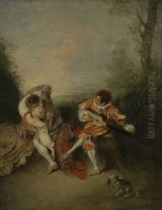 La Surprise: A Couple Embracing While A Figure Dressed As Mezzetin Tunes A Guitar by Jean-Antoine Watteau