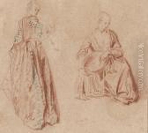 Studies Of Two Girls: One Seen
From Behind Looking Over Her Rightshoulder, The Other Seated, Holding A
Basket - view 1