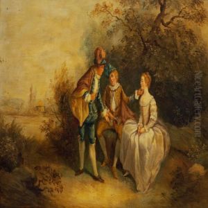 Two Elegant Men Flirting With An Young Lady by Jean-Antoine Watteau