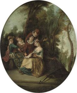 Elegant Company Making Music In A Wooded Landscape by Jean-Antoine Watteau