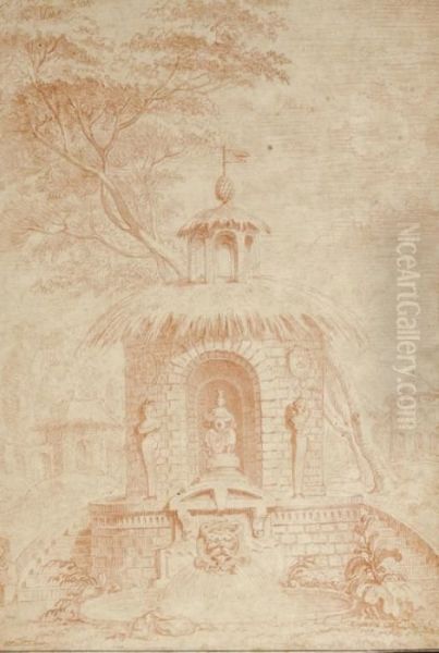 A Fountain In Front Of A Rustic Pavillion - view 1