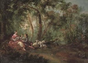 A Wooded River Landscape With A Shepherd And Shepherdess Making Music by Jean-Antoine Watteau