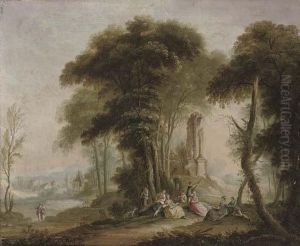 Elegant Company Making Music In A Landscape, A Village Beyond by Jean-Antoine Watteau