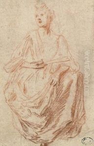 A Seated Woman Holding A Fan by Jean-Antoine Watteau