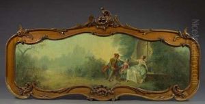 Largesupraporta Panel Depicting A
Galants Scene, Oil On Canvas.presented In A Nicely Carved Mahogany
Frame In The Louis Xv Taste,h. 32", W. 67" by Jean-Antoine Watteau