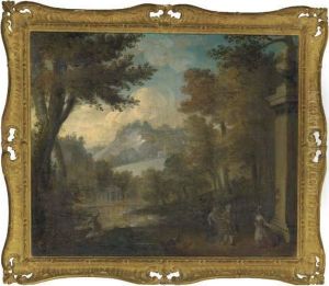 A Wooded Landscape With Elegant Company By A Lake by Jean-Antoine Watteau
