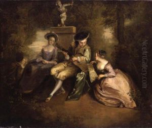 An Elegant Young Man Playing A Guitar With Two Ladies In A Parkland Setting by Jean-Antoine Watteau
