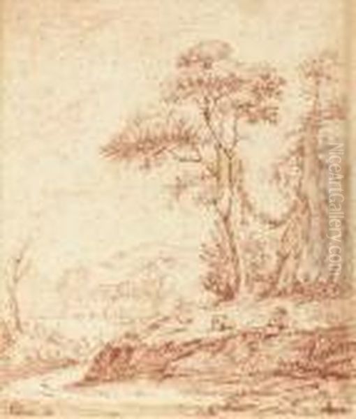 A Shepherd And His Sheep In A Wooded River Landscape, A Small Town In The Distance - view 1