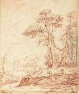 A Shepherd And His Sheep In A Wooded River Landscape, A Small Town In The Distance by Jean-Antoine Watteau