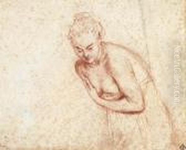 A Female Nude, Half-length, Leaning Forward, Her Arms Before Herbreasts - view 1