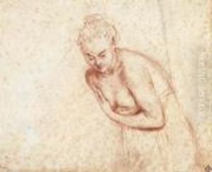 A Female Nude, Half-length, Leaning Forward, Her Arms Before Herbreasts