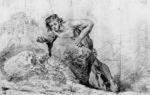 A Boy Leaning On A Rock Reaching Out With His Right Arm by Jean-Antoine Watteau