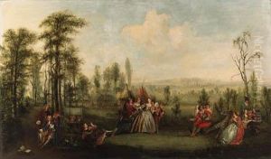 Blind Man's Buff, With The Artist At Work In The Foreground by Jean-Antoine Watteau