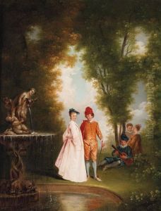 An Elegant Couple By A Sculpted Fountain by Jean-Antoine Watteau