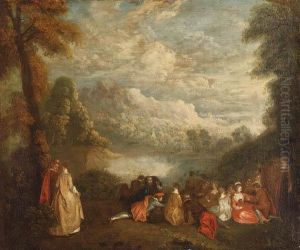 A Fte Champtre By A Lake by Jean-Antoine Watteau