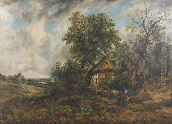 Mother And Child By A Rustic Cottage - view 1