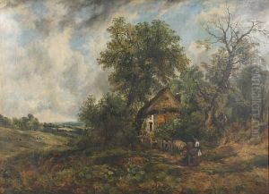 Mother And Child By A Rustic Cottage