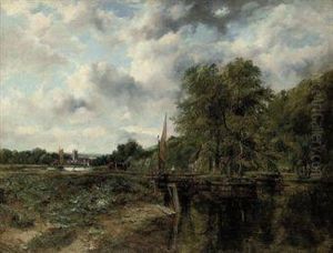 A Wooded River Landscape With 
Figure, Cattle And Horses By A Lock,a Church And Village Beyond by Frederick Waters Watts