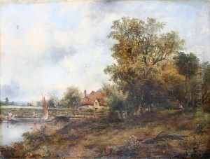 Cottage On The Stour, With Figures In A Boat And A Traveller On A Wooded Pathway by Frederick Waters Watts