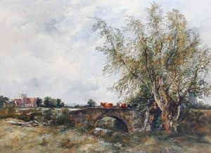 Cattle Crossing A Bridge With A Church Beyond