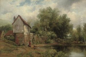 Wooded Landscape With Farm Buildings Beside A Pool by Frederick Waters Watts