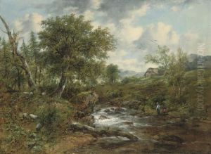 A Wooded River Landscape With Fishermen And Sheep On The Banks, A Cottage Beyond by Frederick Waters Watts