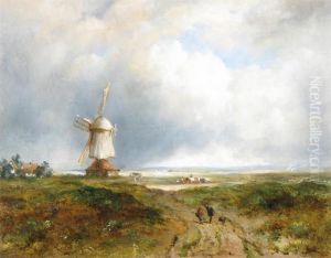 Figures In A Landscape With A Windmill by Frederick Waters Watts