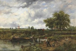 An Extensive Landscape With A Barge Approaching A Lock, With Cattleand A Windmill Beyond