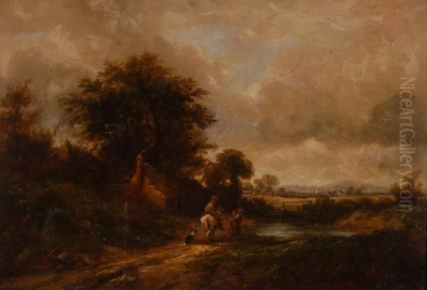 Figures Near And Thatched Rural Cottage - view 1