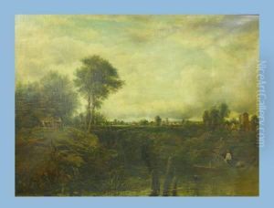Flusslandschaft Mit Personenstaffage Im Vordergrund Und Stadtim Hintergrund