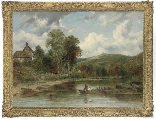 Wooded Landscape With Figures In A Boat, Cottages Beyond - view 1
