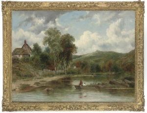 Wooded Landscape With Figures In A Boat, Cottages Beyond