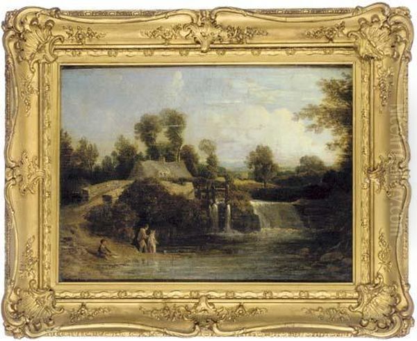 Children Fishing By A Waterfall - view 1