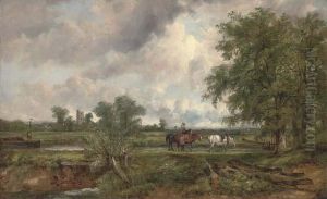 An Extensive Landscape With A 
Barge On A Canal And Yoked Horses Ona Towpath, A Church And Village 
Beyond