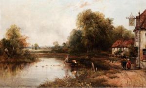 River Landscape With Figures By An Inn by Frederick Waters Watts