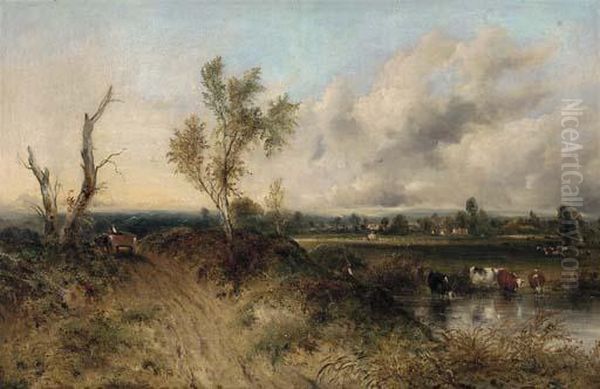 A Drover With Cattle Watering In A Extensive Landscape - view 1