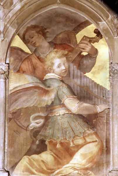 Musical angels within a trompe l'oeil cloister, detail of a angel with a portative organ, from the interior west facade - view 1