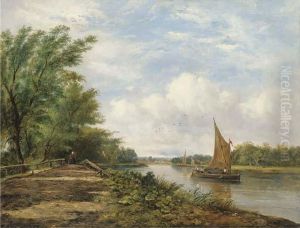 Barges On A River In A Sunlit Landscape by Frederick Waters Watts