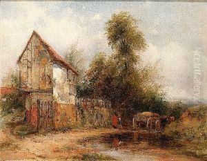 Figures, Horse And Cart On A Country Road, Passing A Mill by Frederick Waters Watts