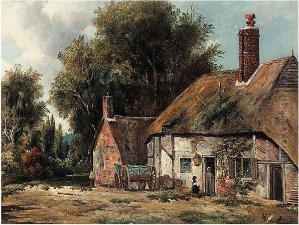 A Cottage With Figures In A Wooded Landscape - view 1