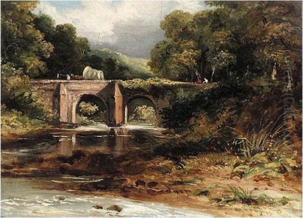 River Landscape With A Farmcart Crossing A Bridge - view 1