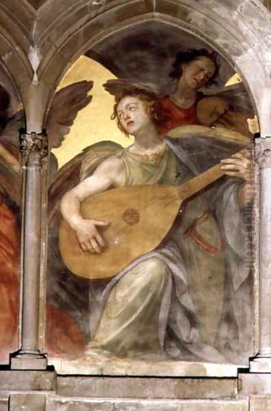 Musical angel within a trompe l'oeil cloister, detail of an angel playing a mandolin, from the interior west facade - view 1