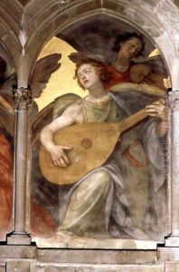 Musical angel within a trompe l'oeil cloister, detail of an angel playing a mandolin, from the interior west facade by Santi Di Tito