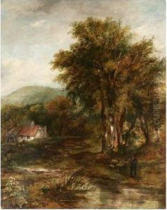 Man Fishing In A Wooded Landscape by Frederick Waters Watts
