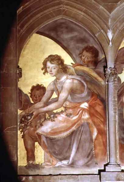 Musical angels within a trompe l'oeil cloister, detail of kneeling angel scattering flowers, from the interior west facade - view 1