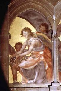 Musical angels within a trompe l'oeil cloister, detail of kneeling angel scattering flowers, from the interior west facade by Santi Di Tito